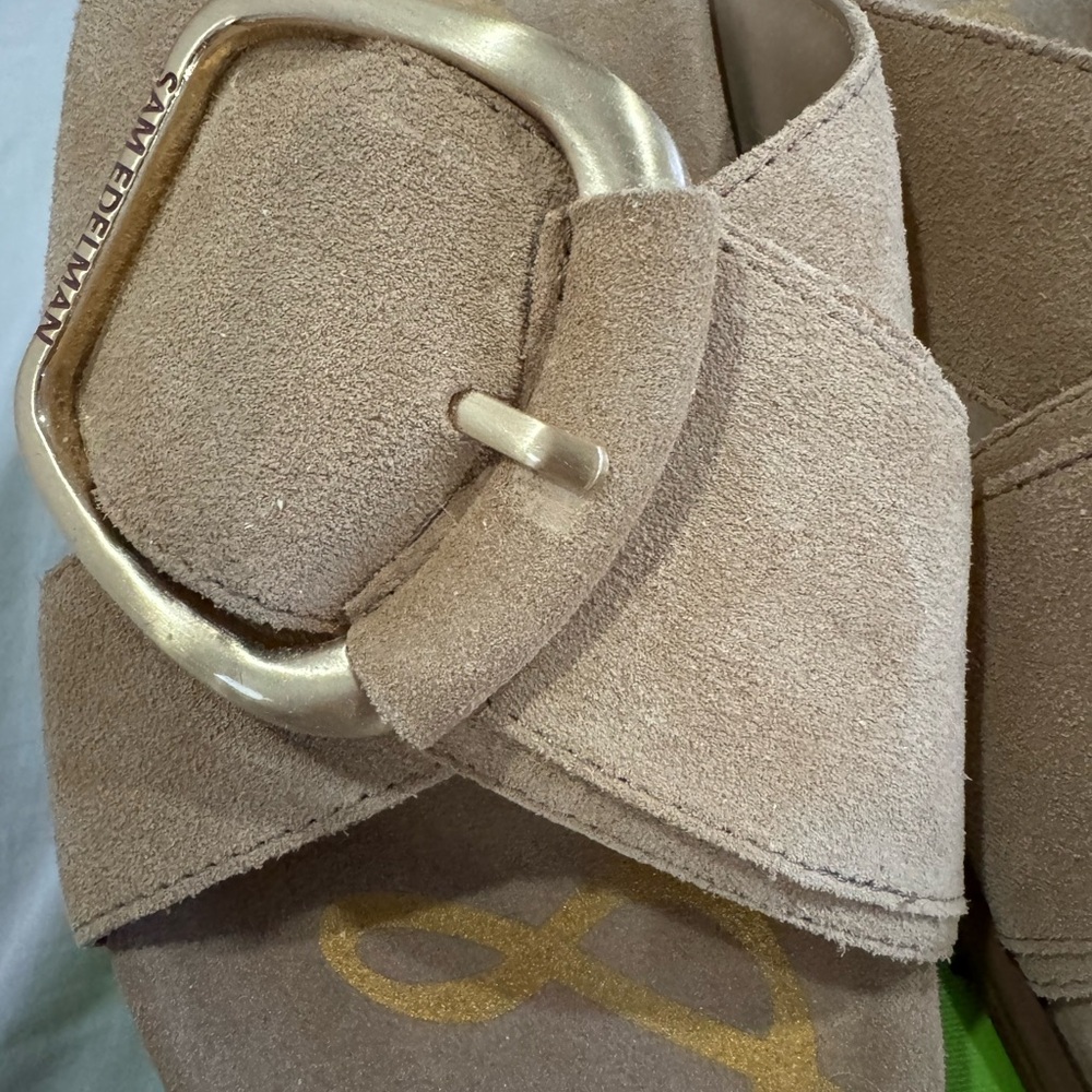 Sam Edelman Beige Suede Sandals with Gold Buckle - Picture 2 of 3